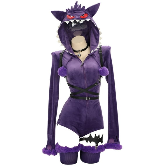 MEOWCOS Women Purple Romper Bodysuit Plush Hooded and Stocking with Belt and Tail, S