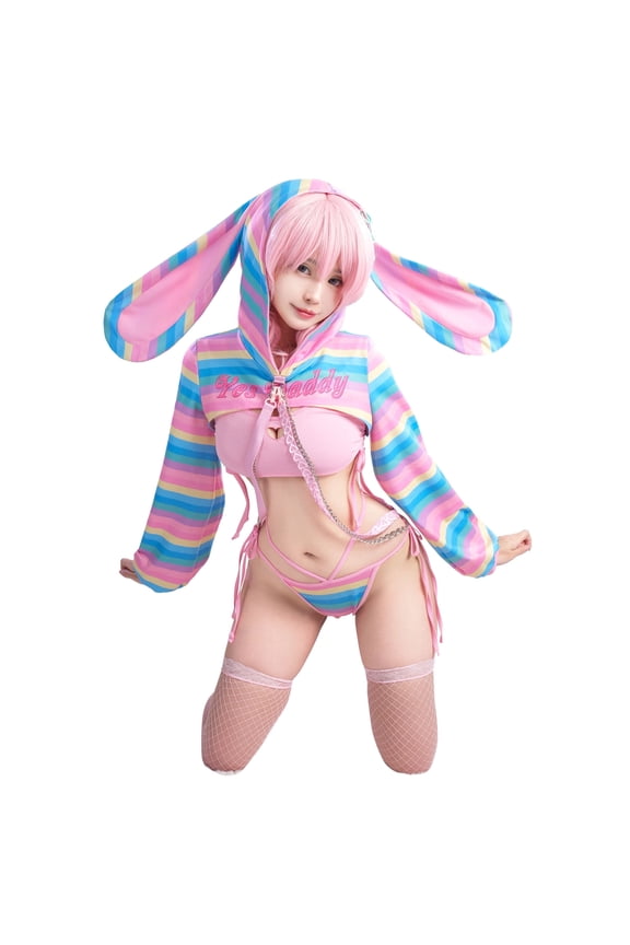 Women Rainbow Bunny Ear Long Sleeve Top and Vest Panty Set with Fishnet Stockings and Chains Costume