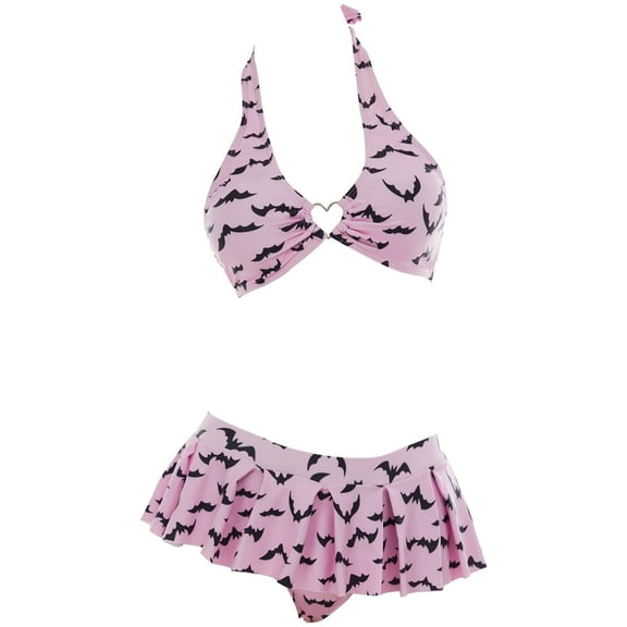 MEOWCOS Women's Bikini Sets Two-Piece Swimsuit with Bat Print Pink Bathing Suit, M