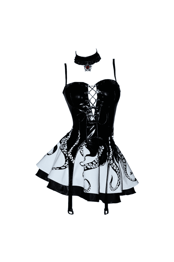 Women's Black Leather Gothic Dress Set with Choker Noctilucent Print, M