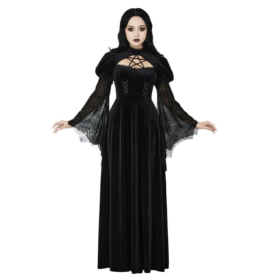 MEOWCOS Women's Evil Witch Gothic Spider Web Flared Sleeve Long Dress Elegant Woman Halloween Dress