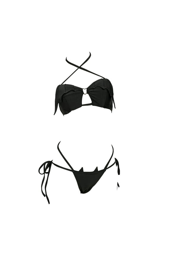 Women's Gothic Bat Style Black Two-Piece Swimsuit with Halter Top and Low Waist Bottom