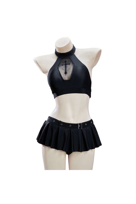 MEOWCOS Women's Gothic Black Two-piece Swimsuit Dark Style Bathing Suit with Coffin Cutout