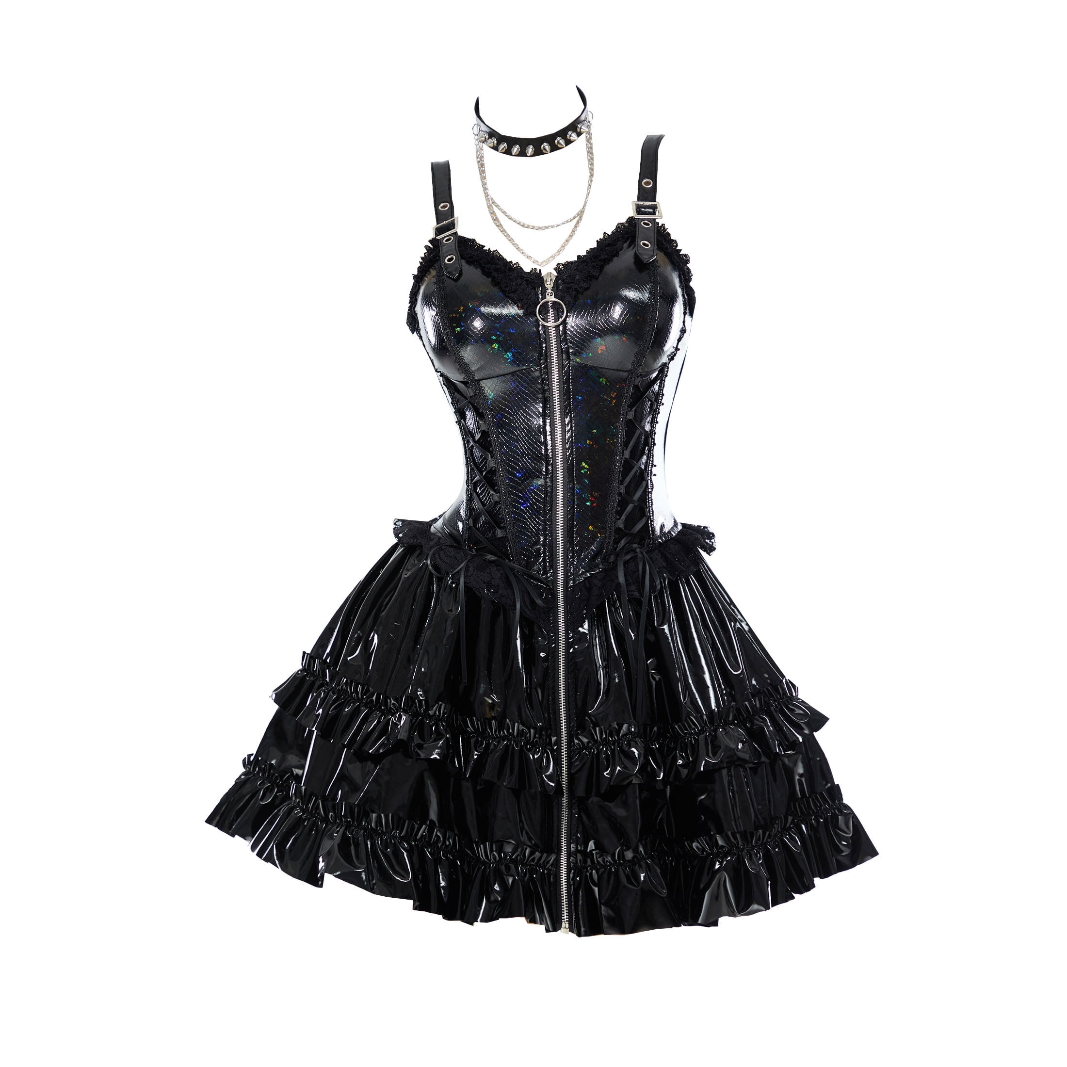 Meowcos.com Meowcos Women's Gothic Camisole Dress PU Leather A-Line Dress with Choker and Sleeves, XL, Black
