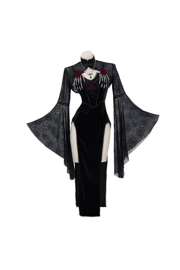 MEOWCOS Women's Gothic Dress Black Slit Dress with Spiderweb Flare Sleeve Cloak wit and Necklace, S