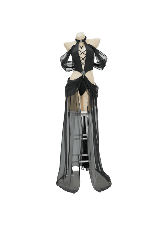 MEOWCOS Women's Gothic Elf Style Sexy Bodysuit with Sleeves and Necklace, M