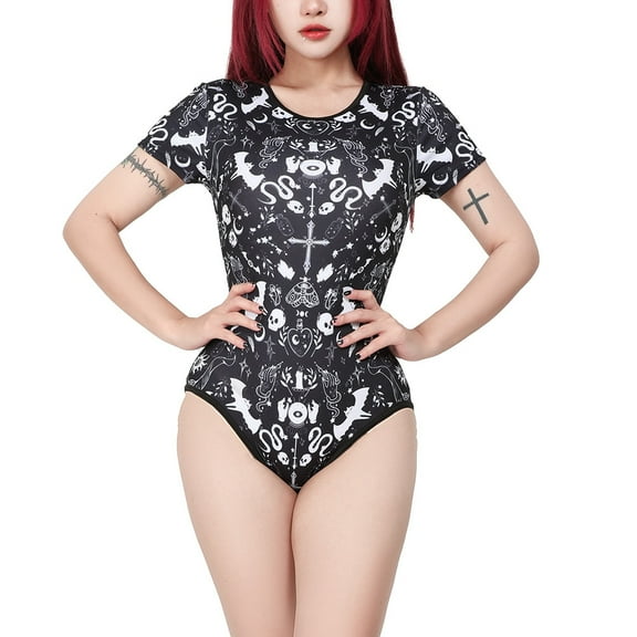 MEOWCOS Women's Gothic Print Bodysuit Round Neck Romper Onesie Pajamas Bodysuit with Gothic Pattern
