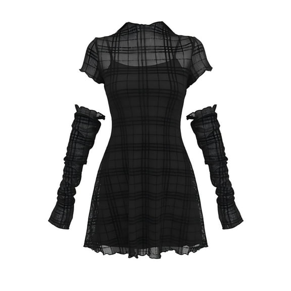 MEOWCOS Women's Gothic Punk High Collar Short Dress with Long Arm Covers, L