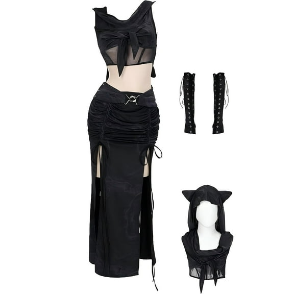 MEOWCOS Women's Gothic Skirt Sets 2 Piece Outfits Short Hooded Top and Skirt with Arm Sleeves
