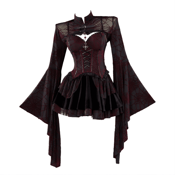 MEOWCOS Women's Gothic Vampire Corset Dress Set Spiderweb Pattern Corset and Skirt