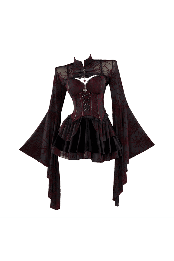 MEOWCOS Women's Gothic Vampire Corset Dress Set Spiderweb Pattern Corset and Skirt