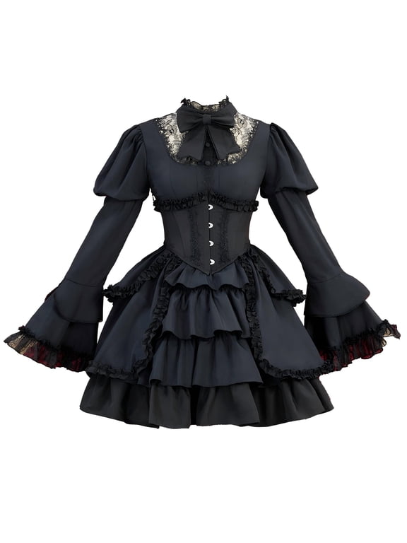 MEOWCOS Women's Victorian Gothic Dress Retro Style Multi-layered Dress with Neckline Bow Corset