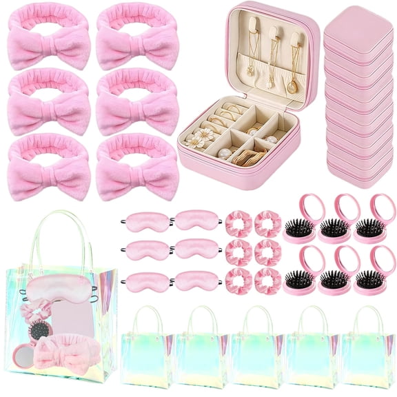 MEPIG 36 Pcs Spa Party Supplies for Girls Women Pink Sleepover Birthday Party Favors, Hair Brush with Mirror, Jewelry Case, Headbands, Scrunchies, Eye Masks and Handbag (6 Set) A101