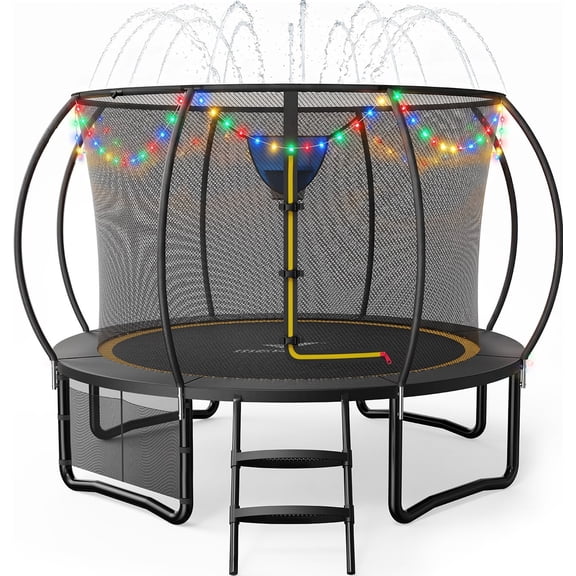 MERACH 10FT Trampoline with Enclosure, Basketball Hoop, Sprinkler & LED Lights, Backyard Recreational Pumpkin Trampoline for Kids & Adults