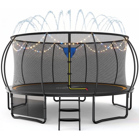 MERACH 16FT Outdoor Trampoline for Kids & Adults with Enclosure Net, Basketball Hoop & Ladder, Backyard Trampoline with Sprinkler, LED Lights & Storage Bag, Multiple Sizes Available