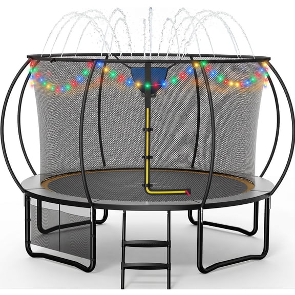 MERACH 12FT Trampoline with Enclosure, Basketball Hoop, Sprinkler & LED Lights, Backyard Recreational Pumpkin Trampoline for Kids & Adults