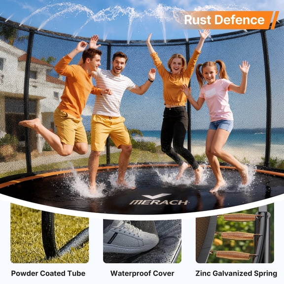 MERACH 14FT Outdoor Trampoline for Kids & Adults with Enclosure Net, Basketball Hoop & Ladder, Backyard Trampoline with Sprinkler, LED Lights & Storage Bag, Multiple Sizes Available