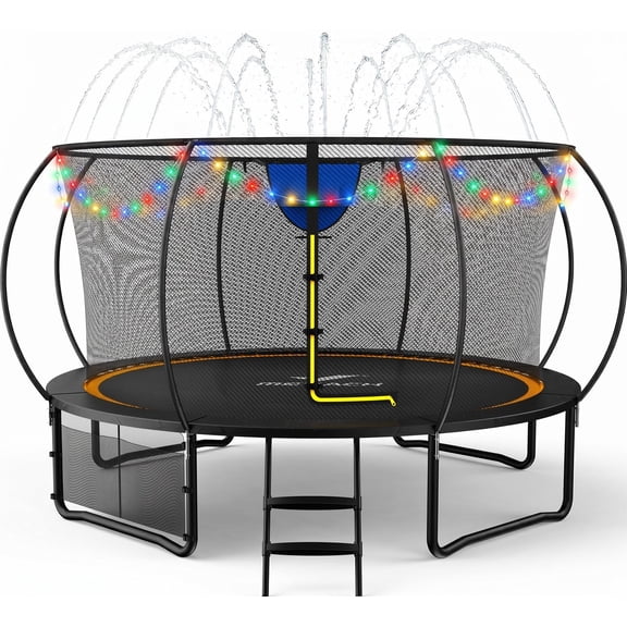 MERACH 14FT Trampoline with Enclosure, Basketball Hoop, Sprinkler & LED Lights, Backyard Recreational Pumpkin Trampoline for Kids & Adults