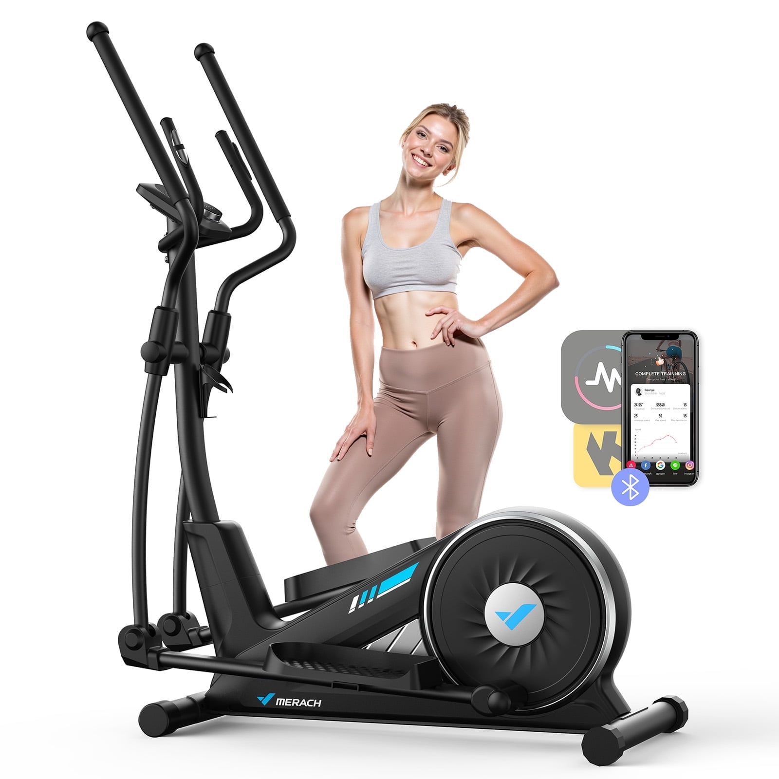 MERACH Smart Elliptical Machines, 16 Resistance Levels Compact Elliptical Exercise Machine for Home with Hyper-Quiet Magnetic Driving System, Elliptical Trainer with 15.5IN Stride
