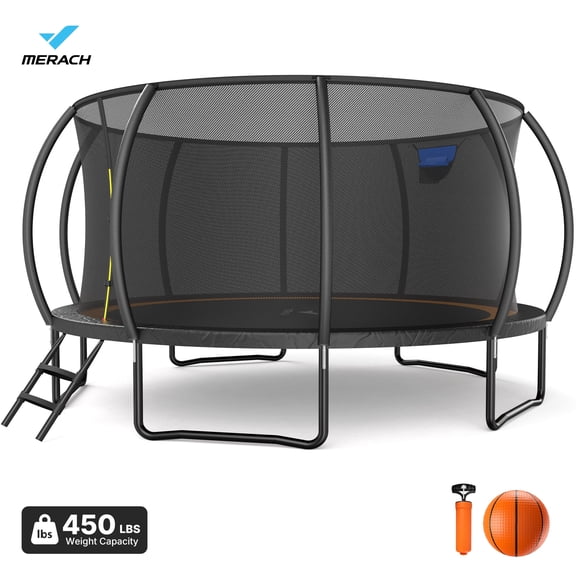 MERACH 16FT Pumpkin Outdoor Trampoline with Safety Enclosure Net & Ladder, Extra Large Backyard Trampoline for Kids & Adults
