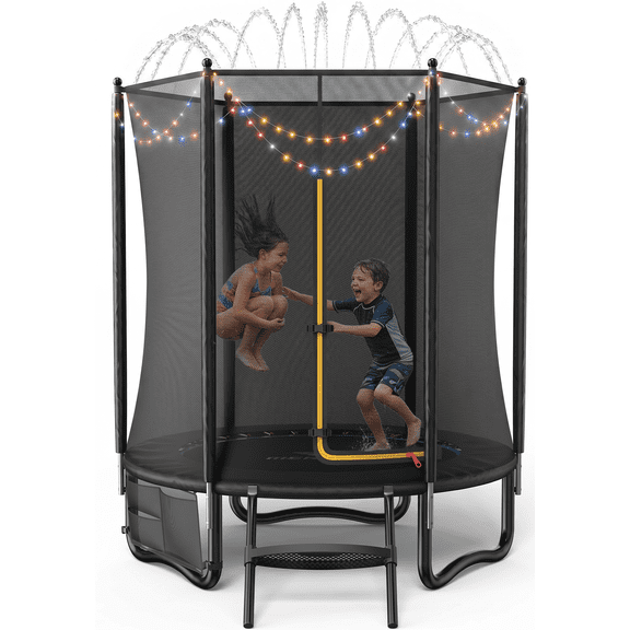 MERACH 6FT Trampoline for Kids with Enclosure, Ladder, Lights & Sprinkler, Outdoor Mini Trampoline for Small Backyard