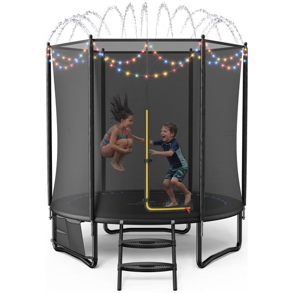 MERACH 8FT Outdoor Trampoline with Enclosure, Ladder, LED Lights & Water Sprinkler, Backyard Recreational Trampoline for Kids & Adults