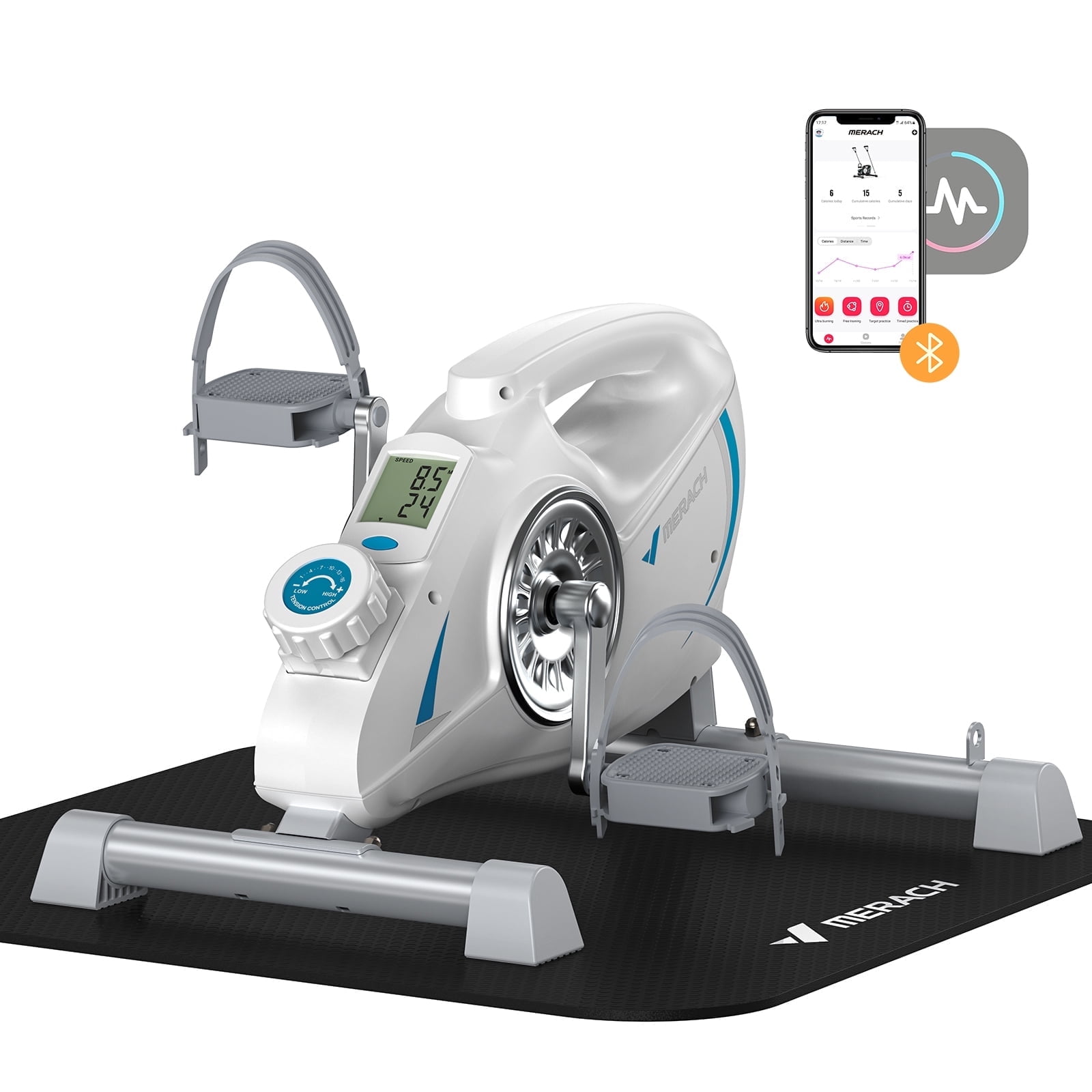 MERACH Under Desk Bike Pedal Exerciser Indoor Silent Elliptical Machine for Legs and Arms Mini Foot Pedal Exercise Bike with Free App,Non-Slip Mat,2 Resistance Bands