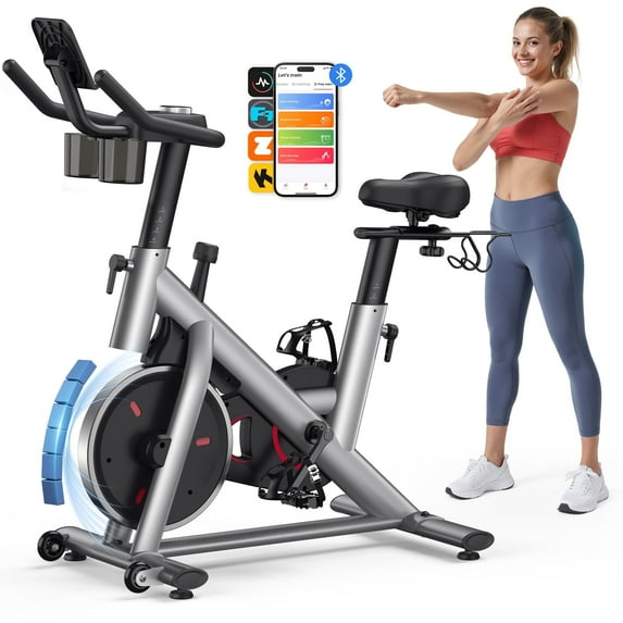 MERACH Exercise Bike, Brake Pad Stationary Bike with Exclusive App, Low Noise Indoor Cycling Bike with 300lbs Weight Capacity, Tablet Mount and Fitness Courses for Weight Loss