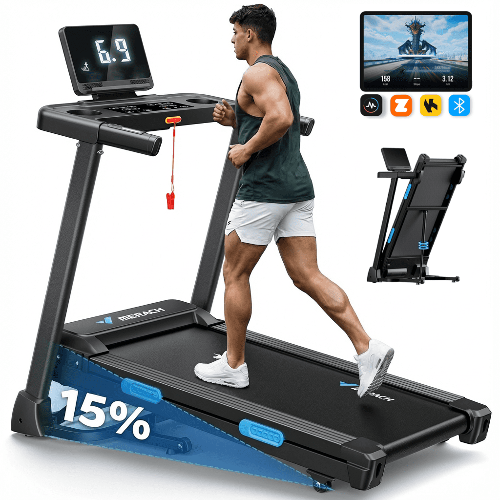 MERACH Folding Treadmill with 15% Auto Incline, Fitness Treadmill for Home with APP, 300 lbs Capacity
