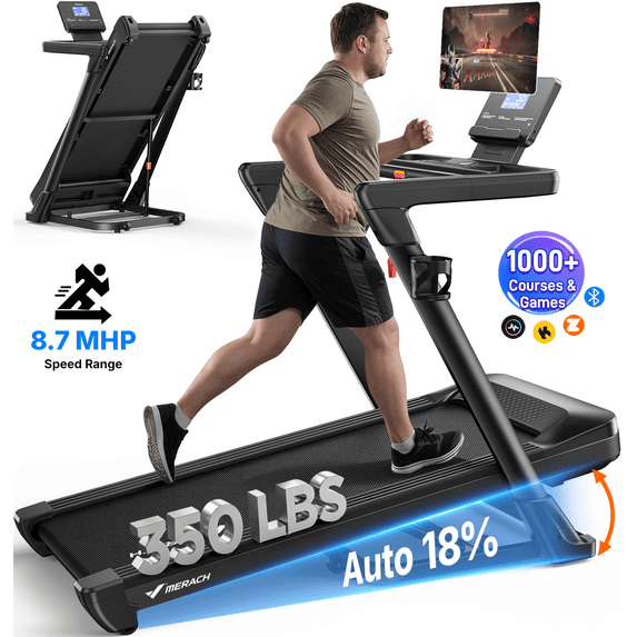 MERACH Folding Treadmill with 18% Auto Incline, 3.5HP Treadmill with Wide Belt, 350lbs Capacity, App Control