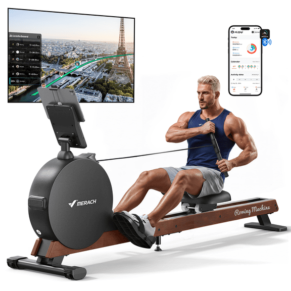 MERACH Magnetic Rowing Machine 400lbs, Self-Powered with Phone Charging, 130lbs Resistance, Quiet Home Rowing Machine with App Connectivity