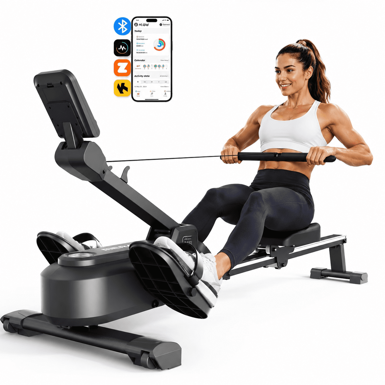 MERACH Magnetic Rowing Machine with 16 Levels, 350 lbs Weight Capacity, Silent Operation, Bluetooth App Support for Full-Body Home Fitness &amp; Weight Loss