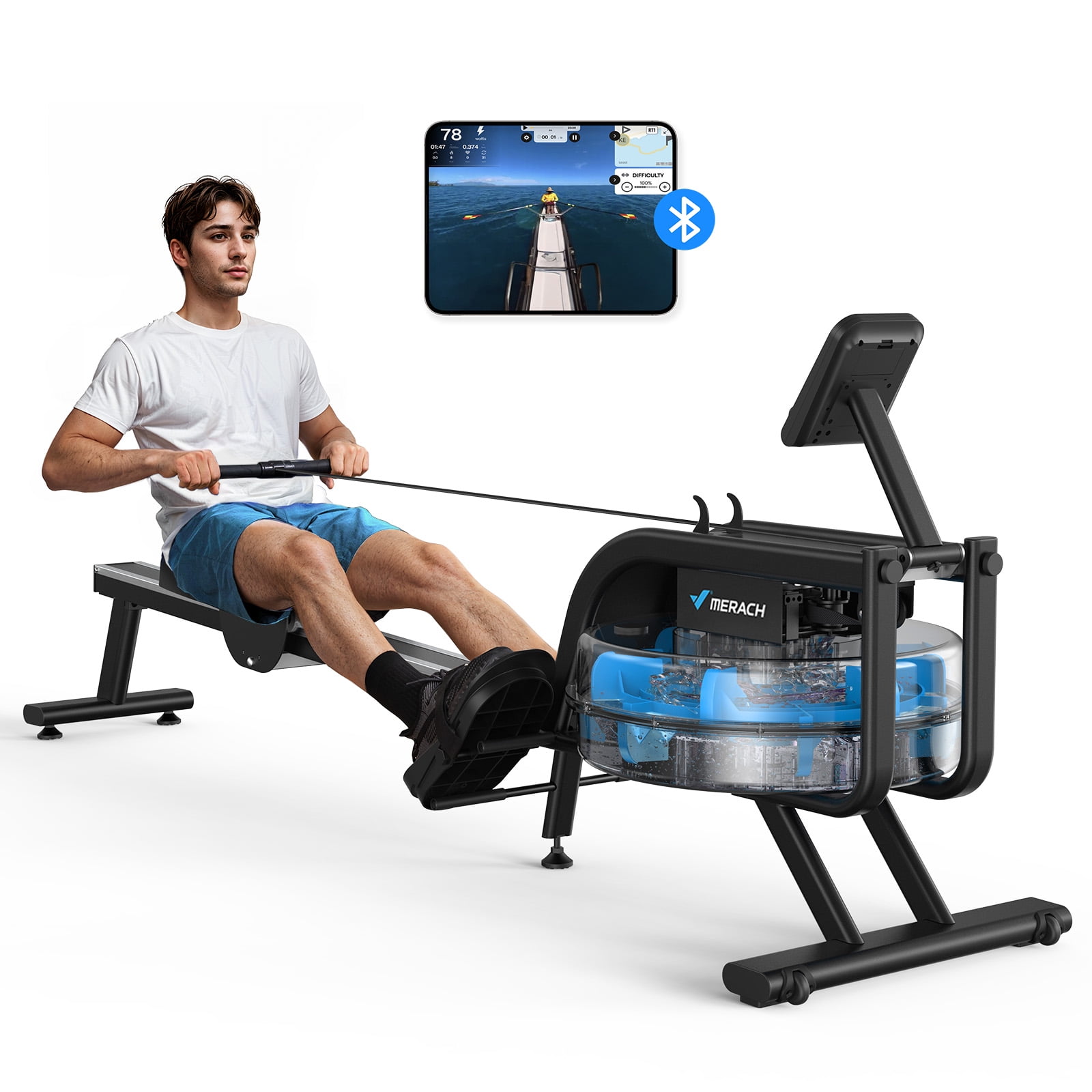 Pooboo Compact Magnetic Water Rowing Machine, Bluetooth
