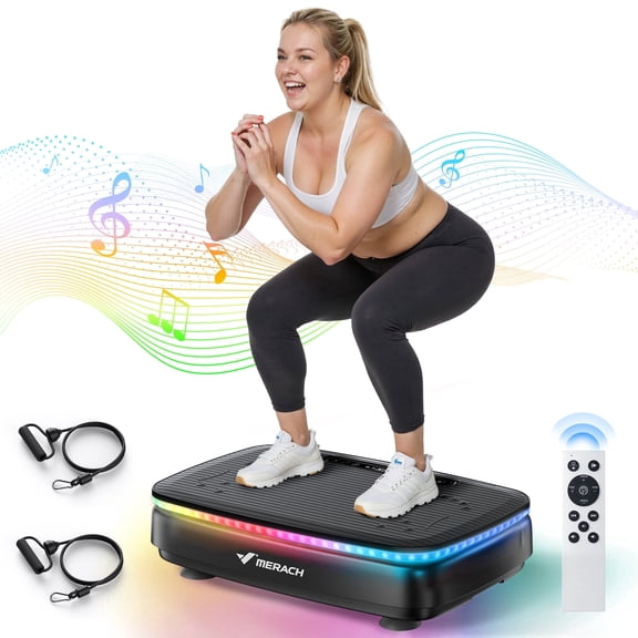 MERACH LED Light Vibration Plate Exercise Machine 330lbs Capacity Bluetooth Vibrating Muscle Toner Speaker Whole Body Workout Fitness Platform with Resistance Bands