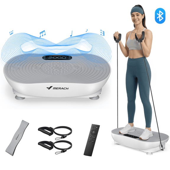 MERACH 350lbs Bluetooth Vibration Plate Exercise Machine, Resistance Bands Vibrating Plate for Exercise with LED Touch Screen, 99 Speed Levels, Home Gym Exercise Equipment