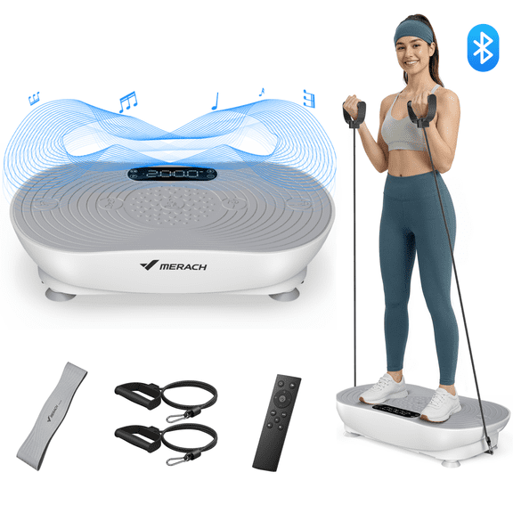 MERACH 350lbs Bluetooth Vibration Plate Exercise Machine, Resistance Bands Vibrating Plate for Exercise with LED Touch Screen, 99 Speed Levels, Home Gym Exercise Equipment