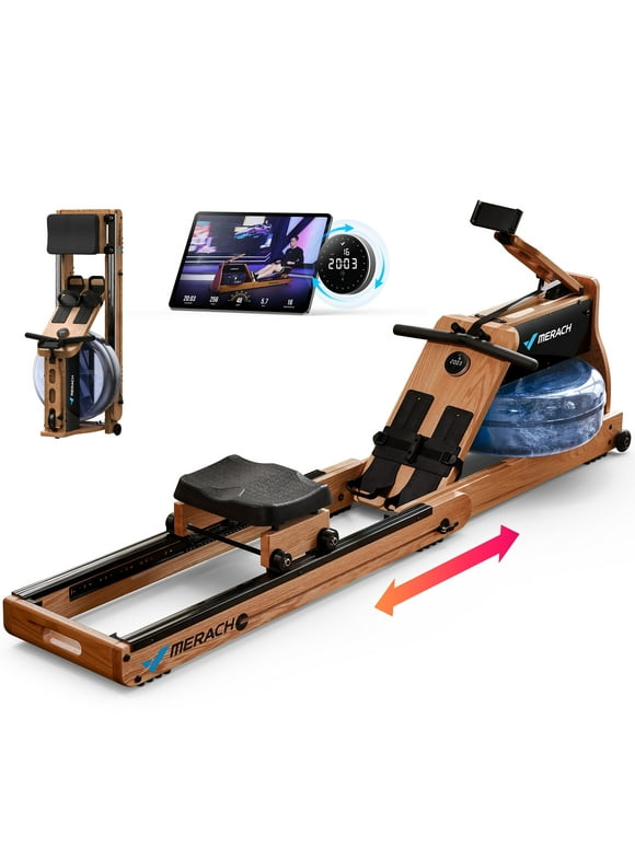 MERACH Water Rowing Machine Foldable 16-Level Bluetooth Resistance Solid Wood Pro Rower for Home