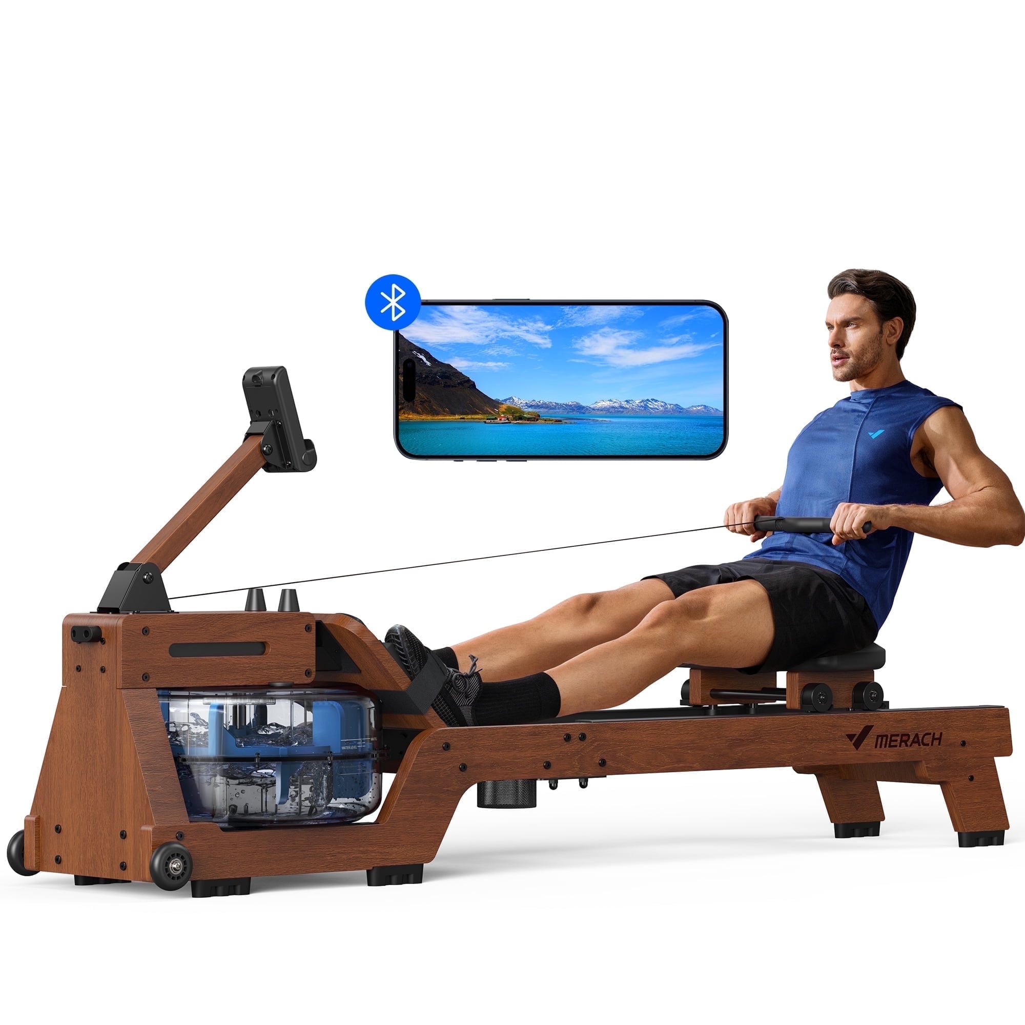MERACH Water Rowing Machine for Home Use Solid Wood Rower with Pro Monitor,Newly Upgraded Seat Cushion,Easy Assembly, Bluetooth,APP,Max 330lb