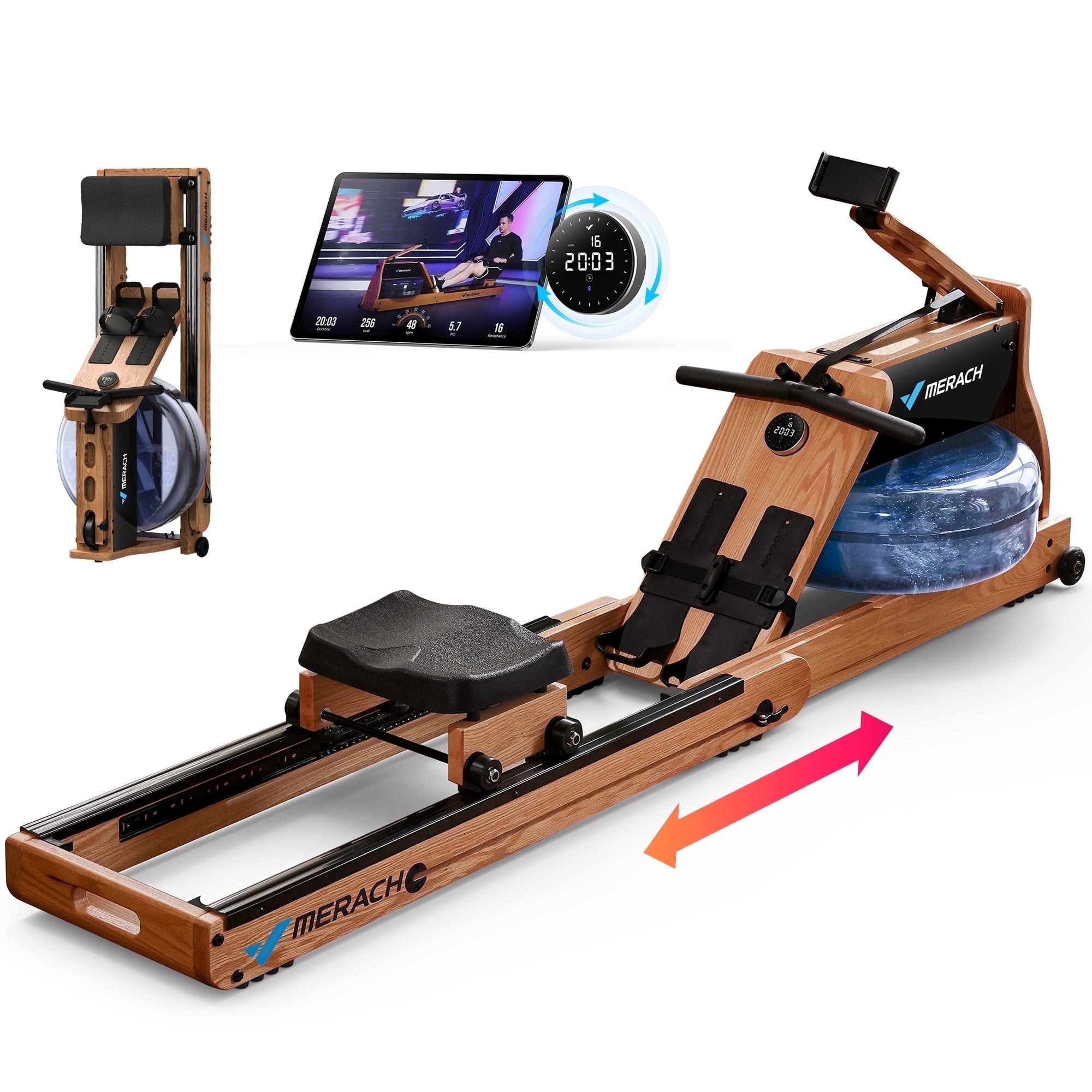 MERACH Water Rowing Machine with Dual Water & Magnetic Resistance, Foldable Wooden Rower for Home Workouts, 350 lbs Capacity