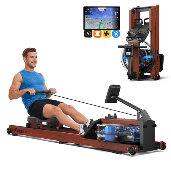 MERACH Water Rowing Machines for Home, Foldable Row Machine with 400LBS Weight Capacity, Dedicated Monitor and Comfortable Seat, Free MERACH App for Immersive Water Rower