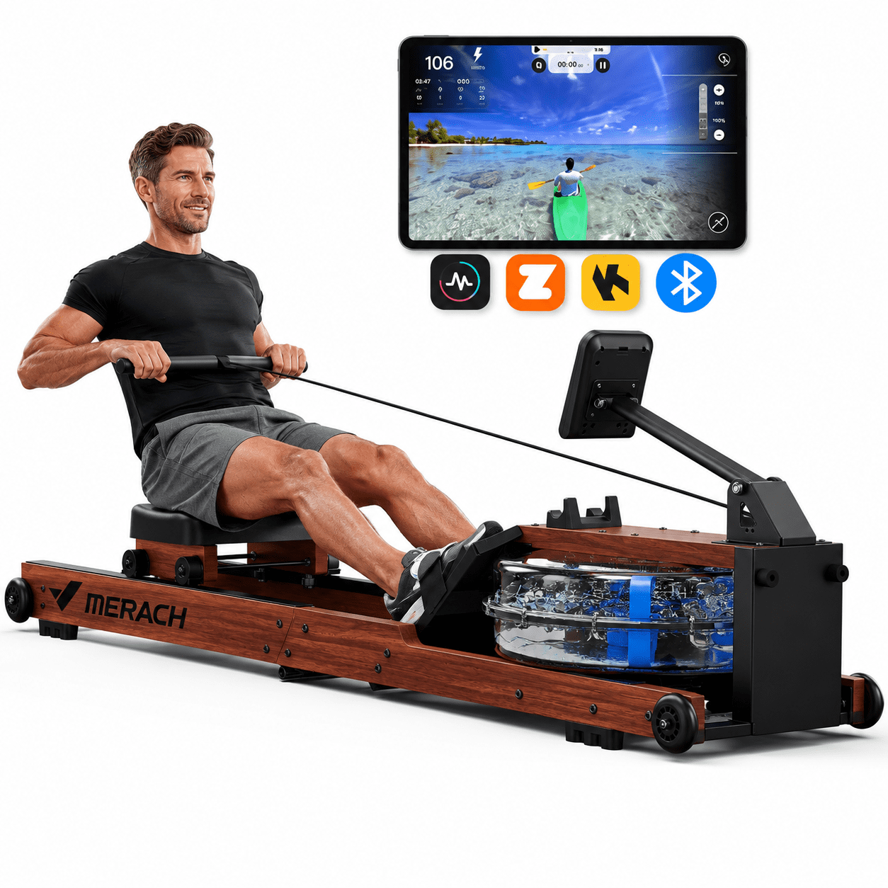 MERACH Water Rowing Machines for Home, Foldable Row Machine with 400LBS Weight Capacity, Dedicated Monitor and Comfortable Seat, Free MERACH App for Immersive Water Rower