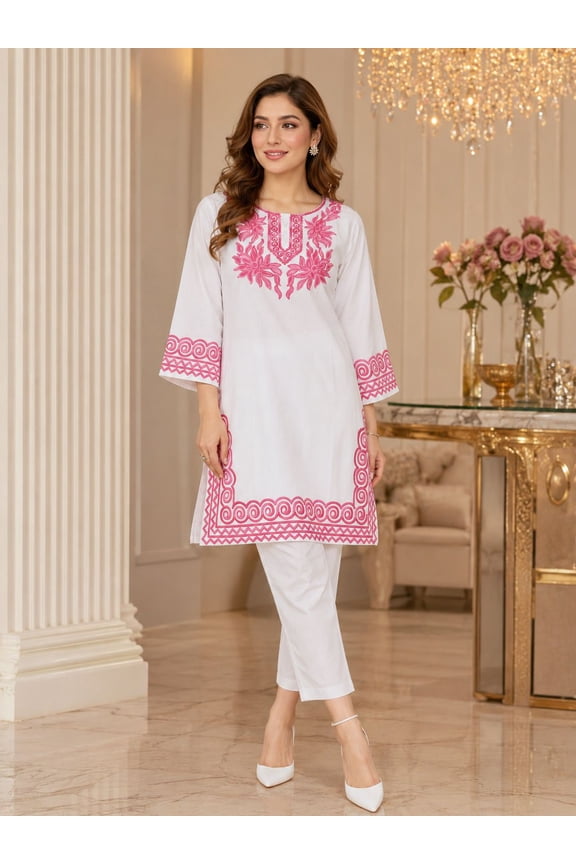 MERAKI Women Embroidered Straight Kurta (White)