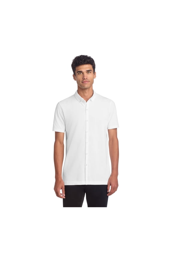 Unisex Stretch Pique Full-Button Polo | Button Down Collared Shirt for Men & Women, Business Casual Shirt - White XL