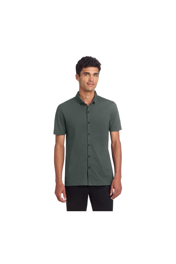 Unisex Stretch Pique Full-Button Polo | Button Down Collared Shirt for Men & Women, Business Casual Shirt - Anchor Grey S