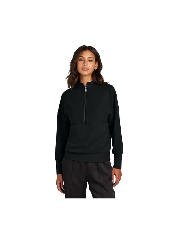 Women's Linear Texture Quarter Zip | 1/4 Zip Sweatshirt for Women, Pullover Sweater for Work & Casual Wear - Deep Black L