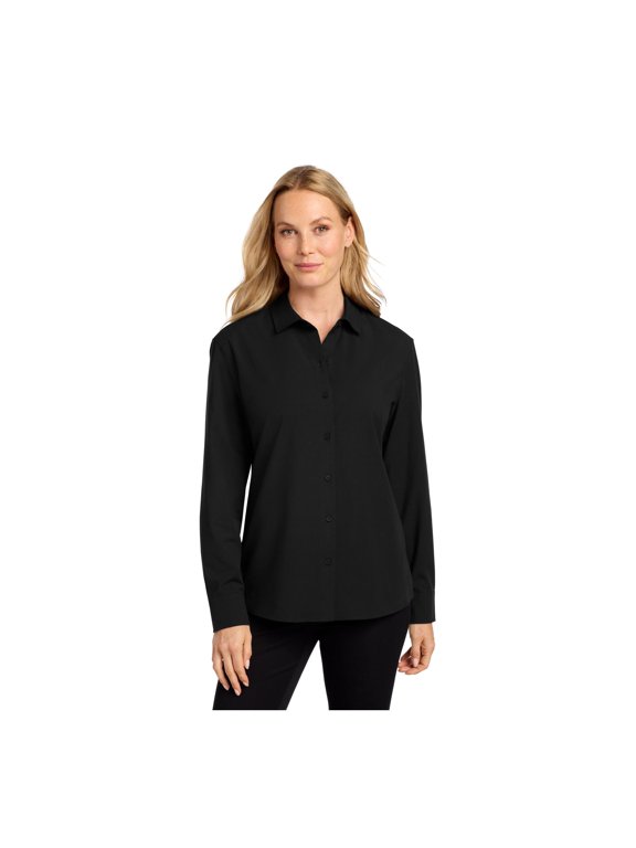 Women's Long Sleeve Stretch Woven Shirt | Lightweight Women's Button Up, Collared Business Casual Shirt - Deep Black L