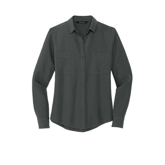 MERCER+METTLE Women's Stretch Crepe Long Sleeve Camp | Lightweight Button Up Shirt for Women, Collared Shirt for Work - Anchor Grey XS