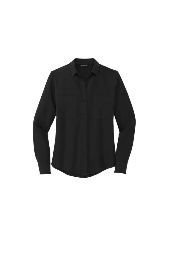 Women's Stretch Crepe Long Sleeve Camp | Lightweight Button Up Shirt for Women, Collared Shirt for Work - Deep Black 4XL