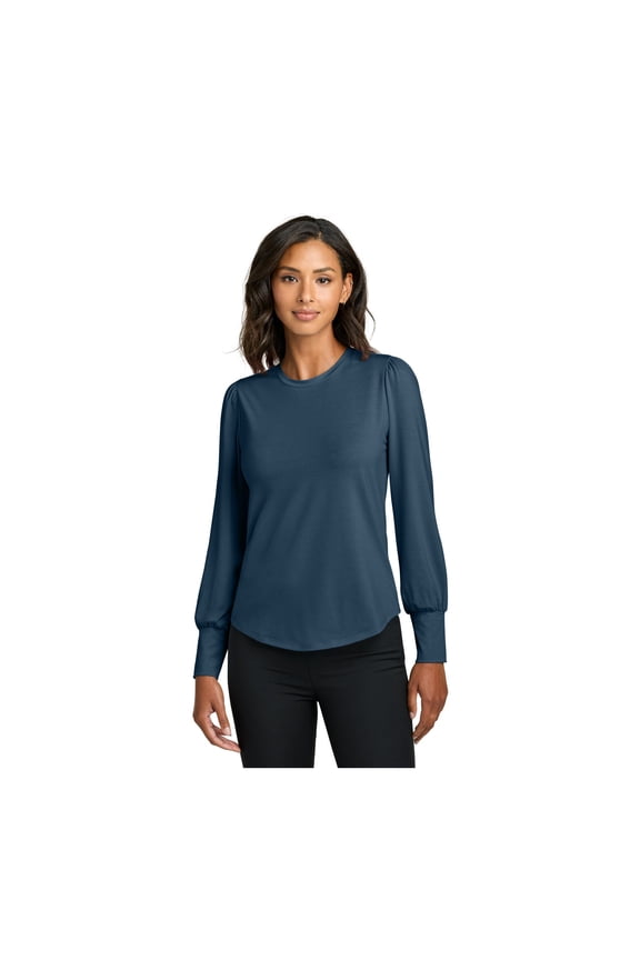 Women's Stretch Jersey Long Sleeve Blouson Top | Long Sleeve Work Blouse for Women, Casual Office Blouse - Insignia Blue XL