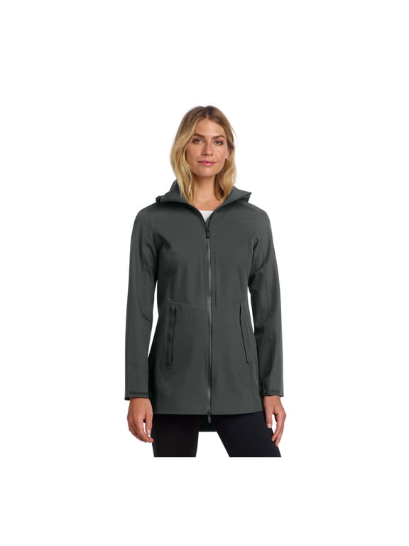 Women's Waterproof Rain Shell | Lightweight Rain Jacket, Longer Length, Two Way Zipper, Brimmed Hood - Anchor Grey L